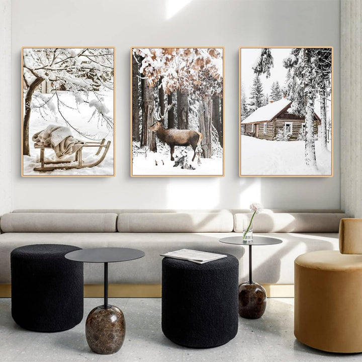 TROYSINC 3er Premium Poster Set, Winter Bilder, Elch, Holzhaus, Wald Wandkunst Wandbilder, Leinwand