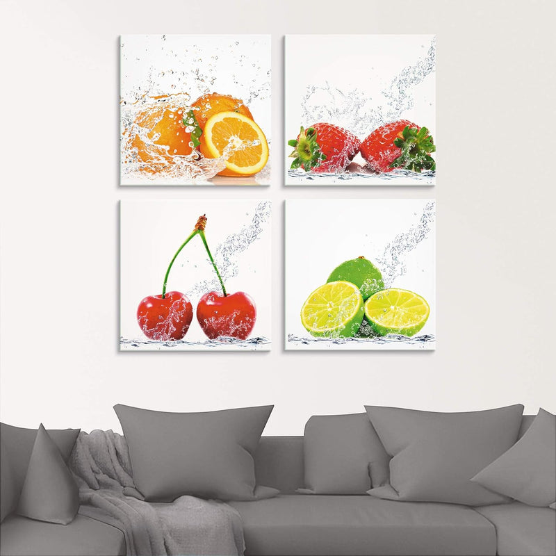 ARTland Glasbilder Wandbild Glas Bild Set 4 teilig je 30x30 cm Quadratisch Früchte im Wasser Obst Fr