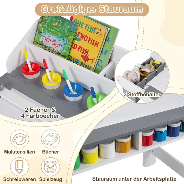 COSTWAY Kindertisch mit Stuhl, Papierrolle &amp; 4 Farbbechern, Grau