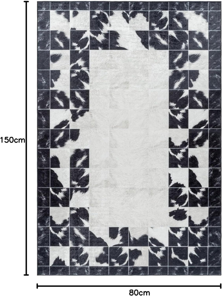 Waschbarer Teppich, Didigitaldruck Patchwork Felloptik, Rechteckig, Creme - Schwarz Farbe, Flachgewe