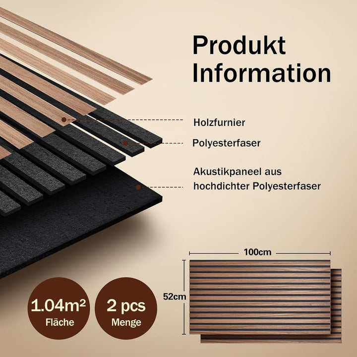Akustikpaneele Selbstklebend 2er Set 100x52cm, Schalldämmung Echoreduzierung Wandpaneele aus Holzf