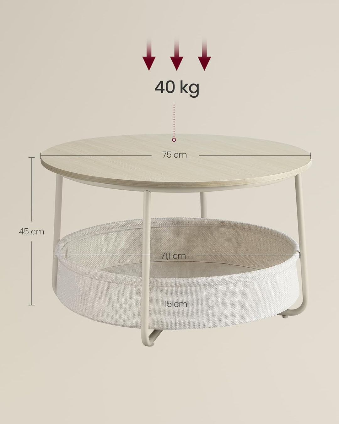 VASAGLE Couchtisch rund, Tisch mit Stauraum, Beistelltisch, Wohnzimmertisch mit Korb aus Stoff, mode