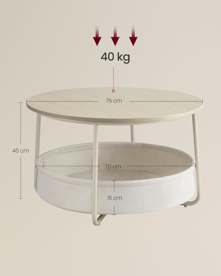 VASAGLE Couchtisch rund, Tisch mit Stauraum, Beistelltisch, Wohnzimmertisch mit Korb aus Stoff, mode