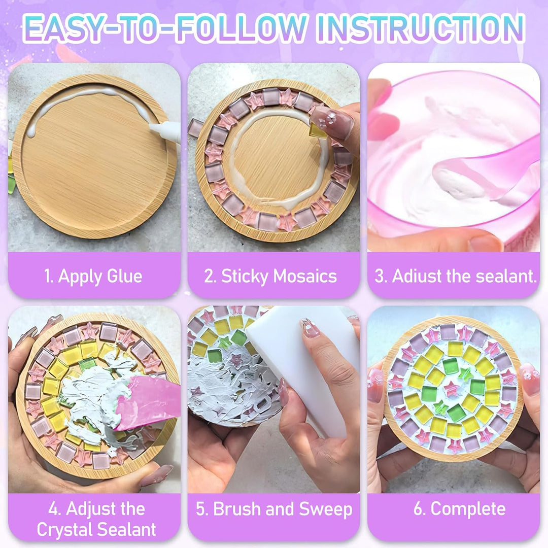 OGMBI 10 Stück DIY Mosaik Untersetzer Bastelset, Bunte Glasfliesen Coaster Set mit Holzuntersetzer,