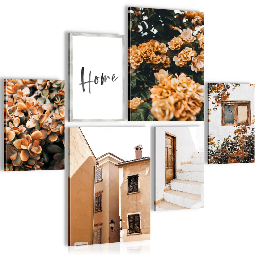 Novart Bilder Set - AUFHÄNGFERTIG - KEIN EXTRA RAHMEN BENÖTIGT - Home Blumen Modern Orange - Wohnzim