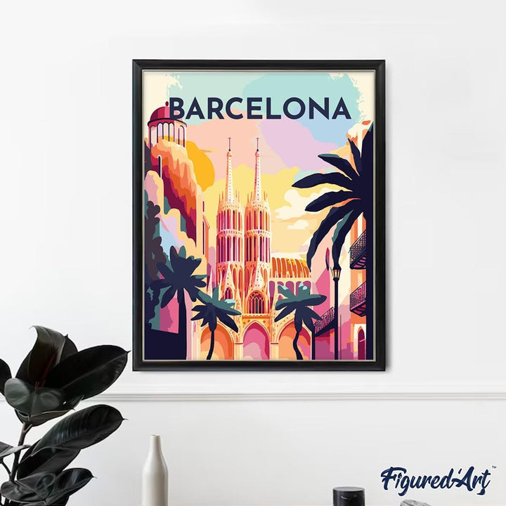 Figured'Art Malen Nach Zahlen Erwachsene Mit Rahmen Reiseplakat Barcelona - Paint by Numbers Basteln