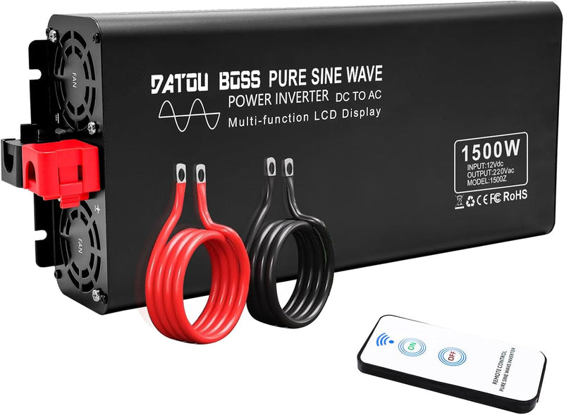 DATOUBOSS Wechselrichter 1500W Reiner Sinus 12V auf 230V Spannungswandler Spitzenleistung 3000W mit
