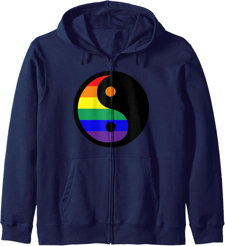 Regenbogen-Flagge mit Yin-Yang-Symbol. Kapuzenjacke