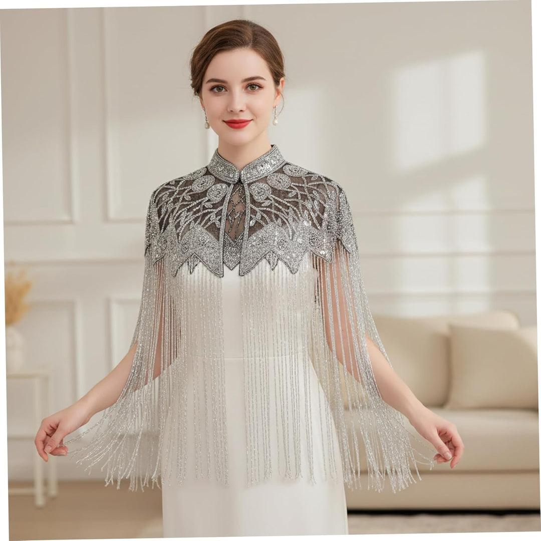 Perlenumhang langer Fransen Pailletten Schal Vintage inspirierter Glitzer Schal Silber, Silber