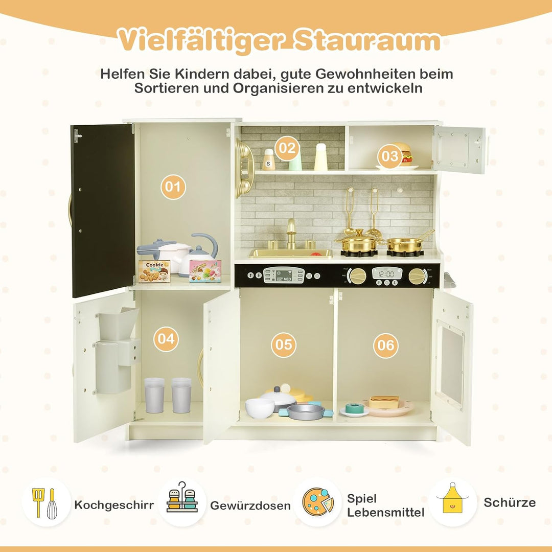 DREAMADE Kinderküche Holz mit Zubehör, Kinderspielküche Holzküche mit Herd Geschirrspüler Eismaschin