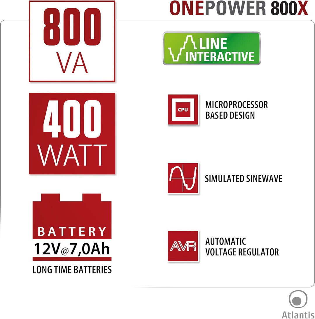 Atlantis Land OnePower PX800 Netzteil, Nicht unterbrechbar, 800 VA, 4 AC-Ausgänge – Stromversorgung