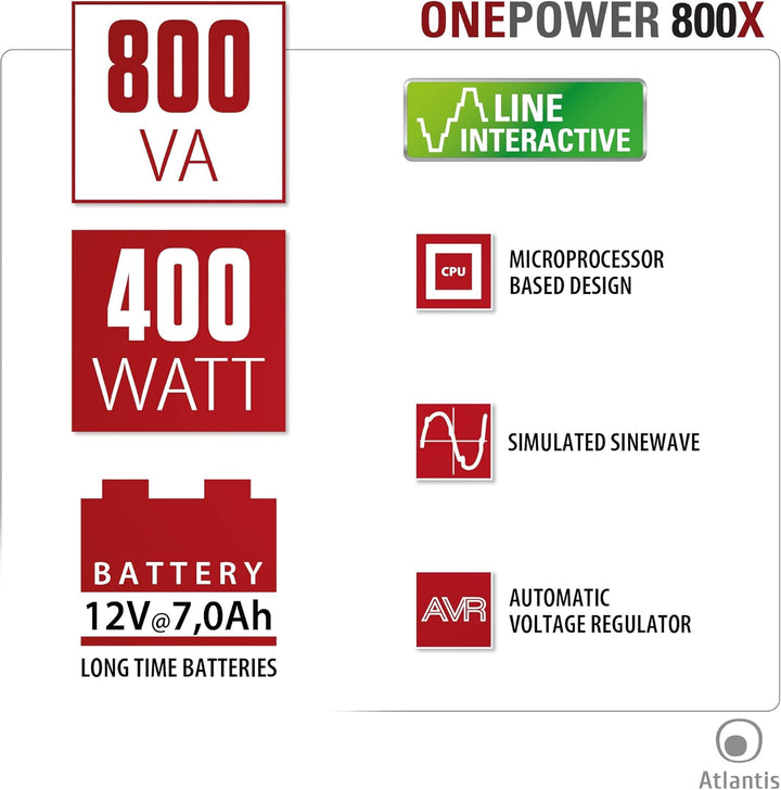 Atlantis Land OnePower PX800 Netzteil, Nicht unterbrechbar, 800 VA, 4 AC-Ausgänge – Stromversorgung