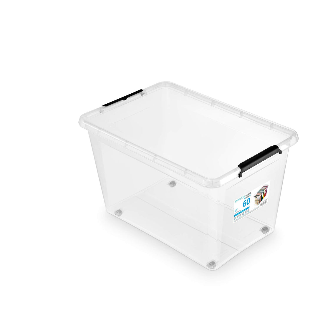 ORPLAST 6 Stück- MOXOM Rollerbox 60 Liter mit Deckel/Clips/Rädern - 58 x 39 x 35 cm - transparent
