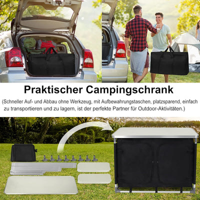 TRMLBE Campingküche Campingschrank Faltbar Reiseküche Zeltschrank mit Aluminiumgestell Staufächer Ou