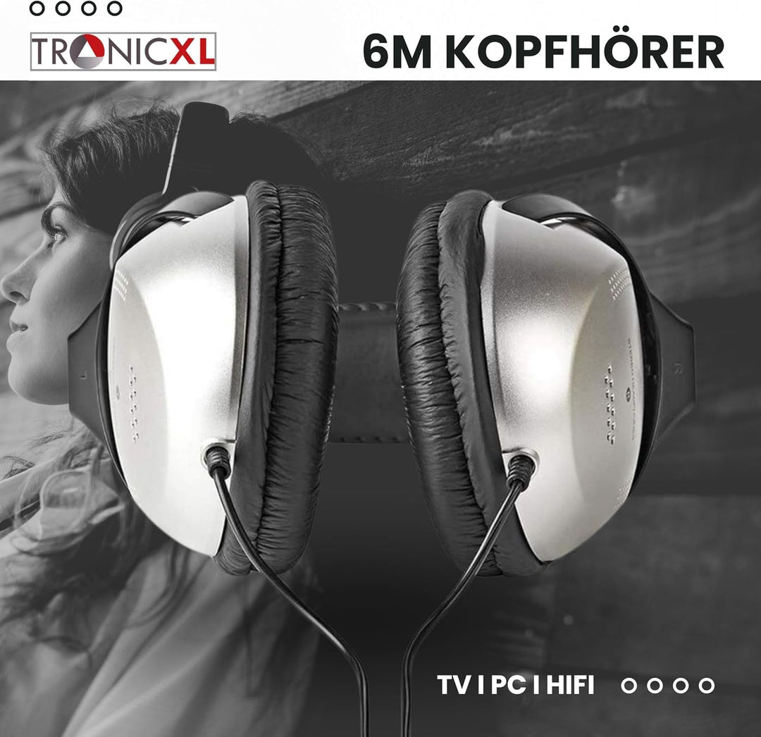 TronicXL Fernsehkopfhörer Kopfbügel Kopfhörer I 6m langes Kabel I Stereo TV Fernseh Headphones Ferns