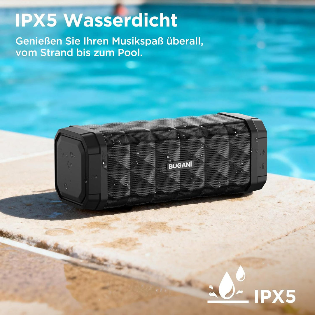BUGANI Bluetooth Lautsprecher, Musikbox Bluetooth mit 5.4, 24H Stunden Akku, Bass-Treibern, IPX5 Was