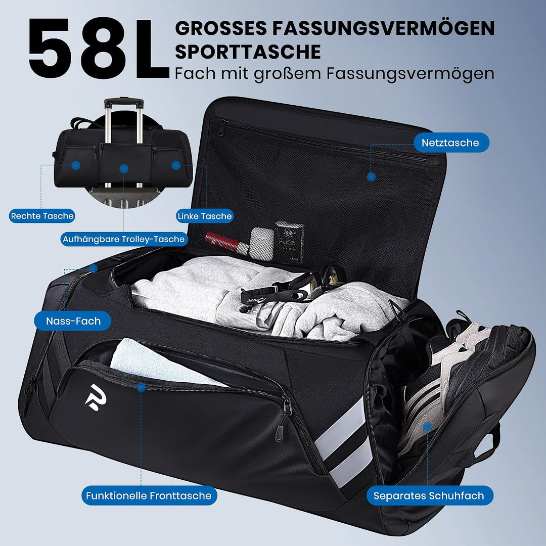 Sporttasche für Damen und Herren, 58L Reisetasche Gross Sporttasche mit schuhfach und Nassfach, Trai