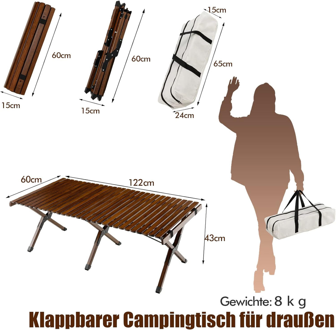 GYMAX Bambus Campingtisch Klappbar Roll-Up Klapptisch 122 x 60 x 43 cm für 4-6 Personen Falttisch mi