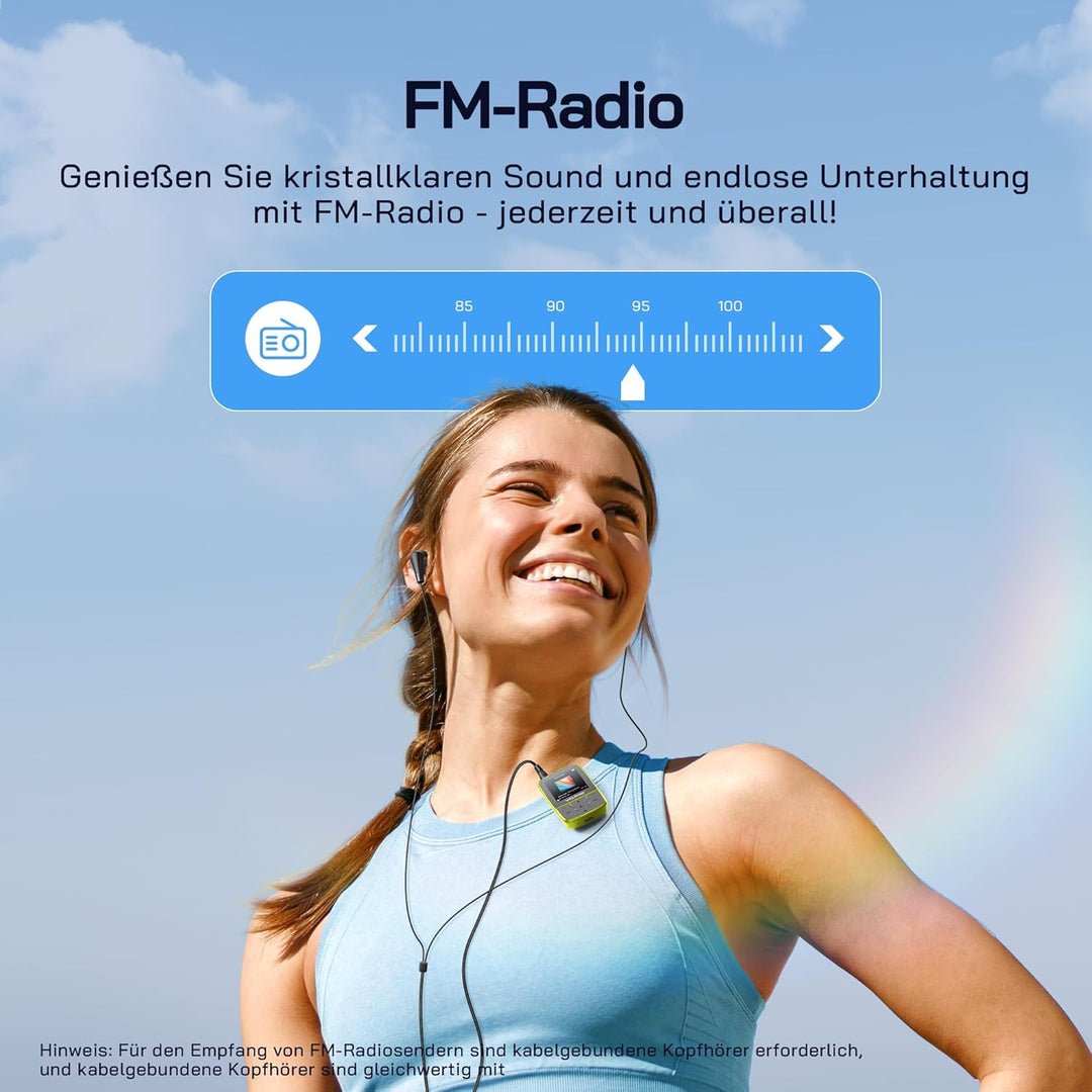WOLFANG MP3-Player mit Bluetooth 5.2, Sportclip, Mini-Grösse, Gewicht 28,3 g, HiF-FM-Radio, Diktierg