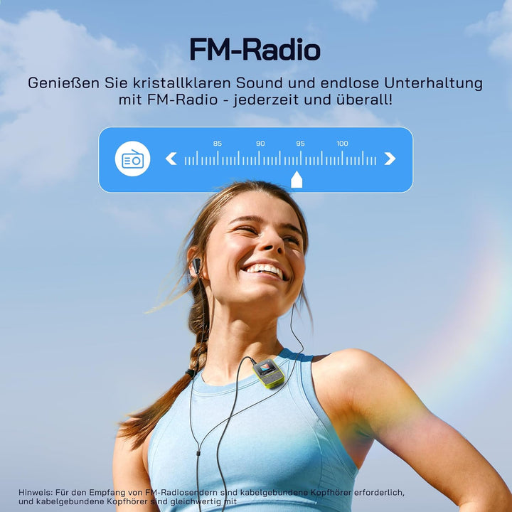 WOLFANG MP3-Player mit Bluetooth 5.2, Sportclip, Mini-Grösse, Gewicht 28,3 g, HiF-FM-Radio, Diktierg