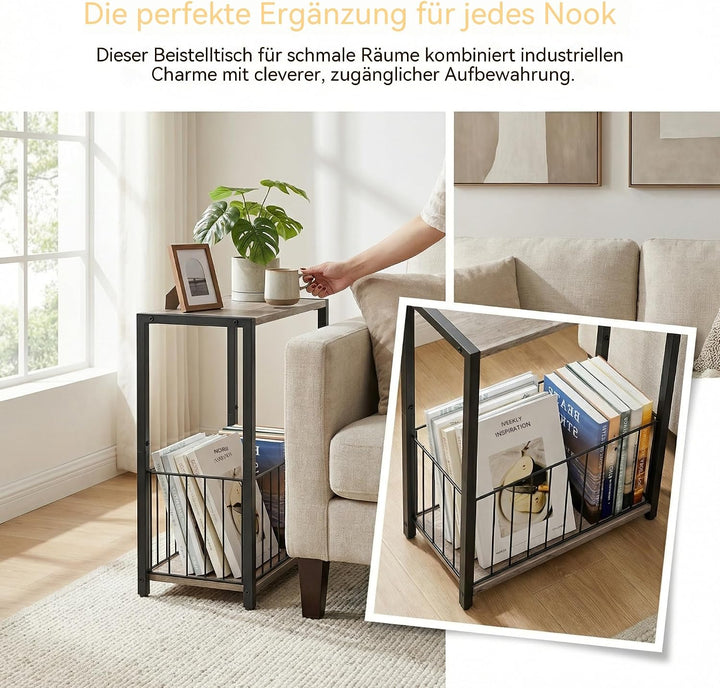 Schmaler Beistelltisch mit Zeitschriftenhalter, Greige-schwarz | Eisenrahmen und MDF-Platte, 18 x 43