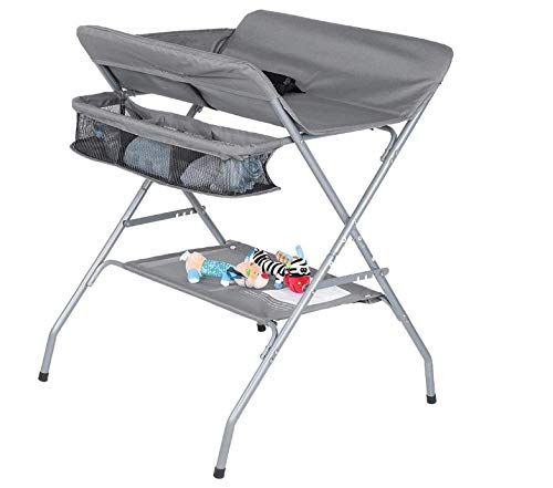 Baby Wickeltisch Klappbar, Höhenverstellbare Wickelkommode mit Sicherheitsgurt und Stauraum, Tragbar
