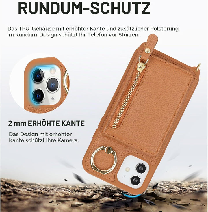 ELTEKER Handyhülle für iPhone 12 Mini Hülle mit Band Kartenfach Handykette Ringhalterung Geldbörse,L