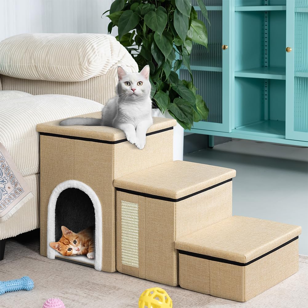BAKAJI 3-in-1 Klapptreppe für Hunde und Katzen, aus Polyester, Beige, multifunktionale Leiter für St