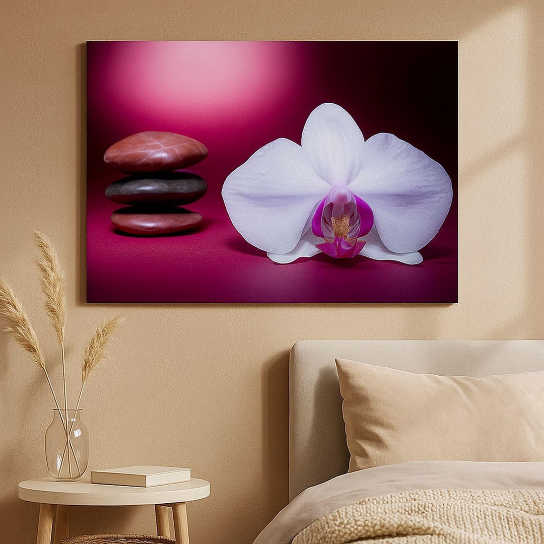 Bilder auf Leinwand 100x70cm Leinwandbild Spa braune Steine weisse Orchidee Gross Wanddeko Bild Schl
