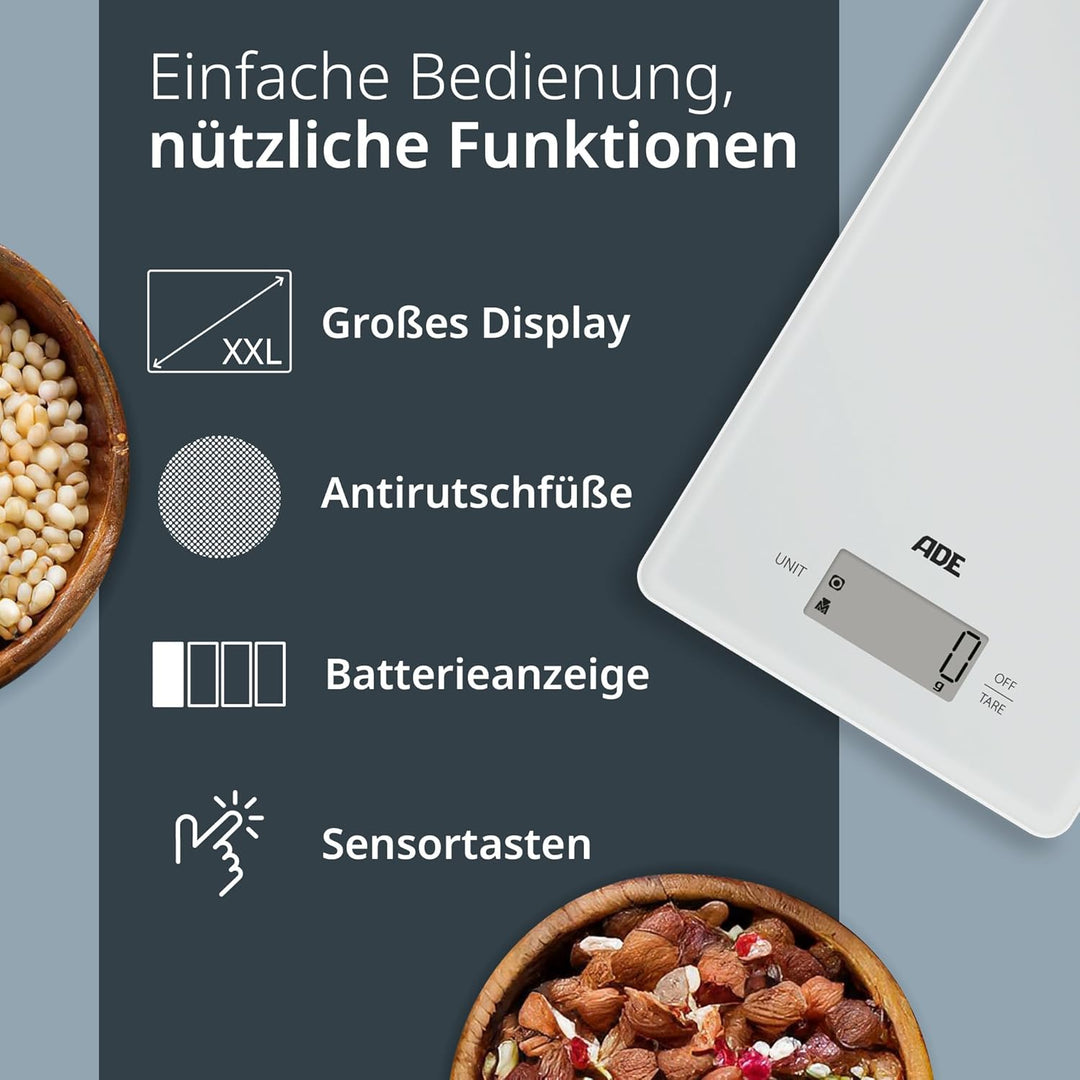 ADE Digitale Küchenwaage | präzise Grammwaage bis 5 kg | grosses Display | inkl. AAA Batterien | seh