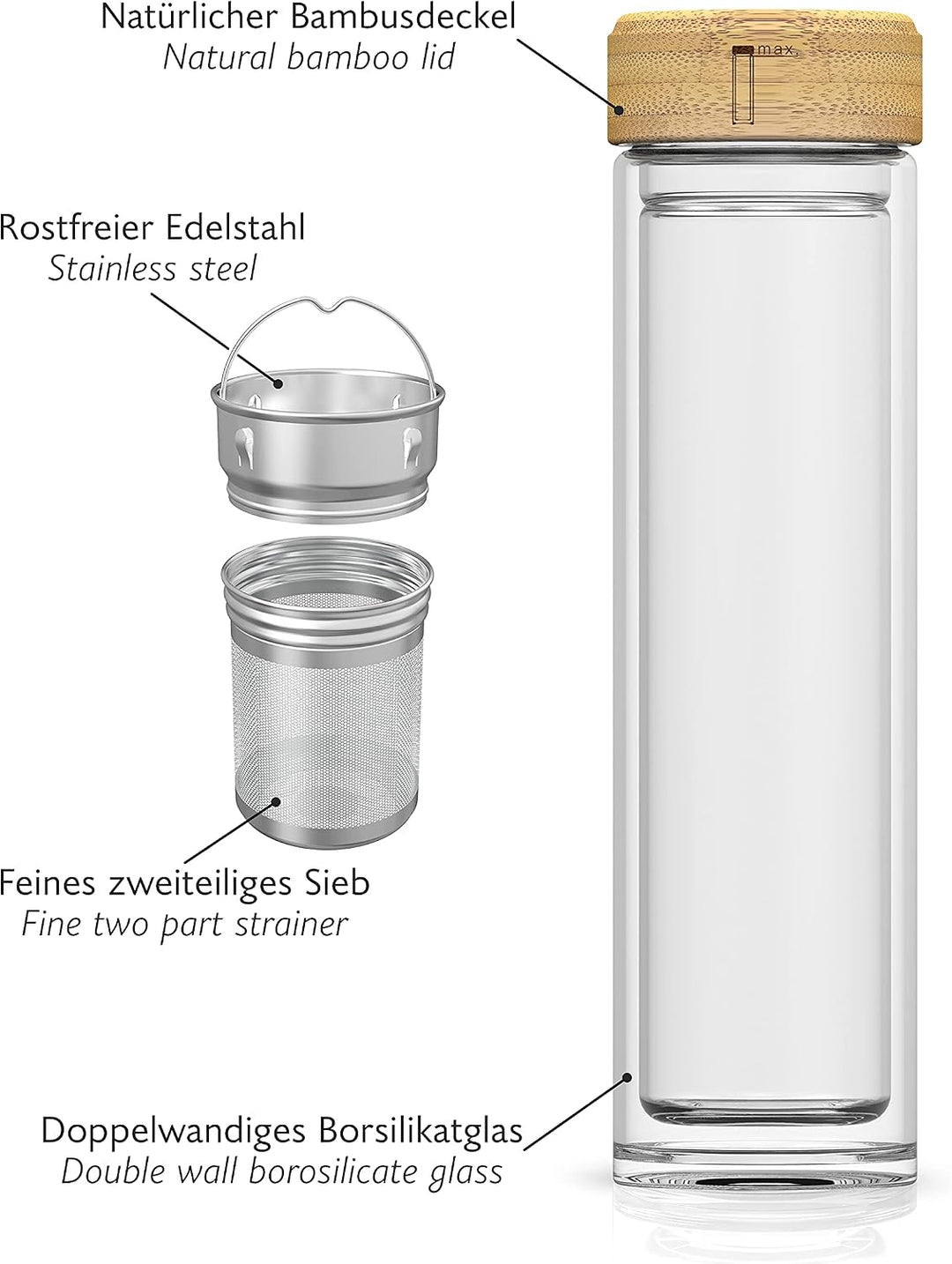 spottle Teeflasche mit sieb to go - Trinkflasche für Tee aus Glas in 500ml, 650ml, 1 Liter - Teekann