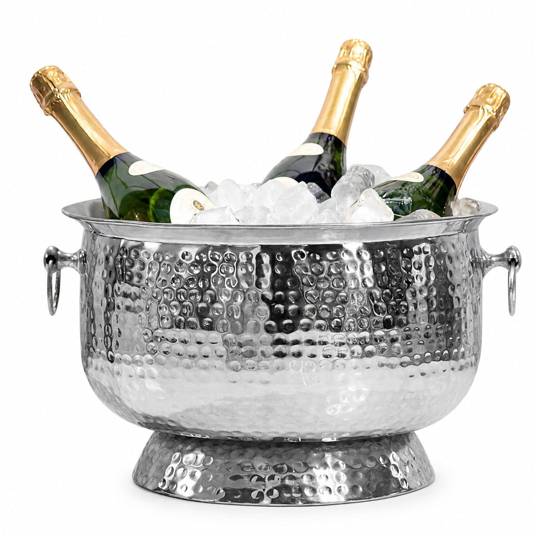 FineBuy Sektkühler 37 x 37 x 24,5 cm Aluminium Silber Handmade | grosser Champagnerkühler, runder We