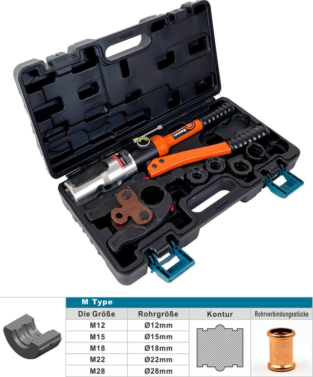 AMZCNC Profi Presszange (hydraulisch) Presswerkzeug M-Kontur 12-15-18-22-28 Set Presswerkzeug HPZ mi