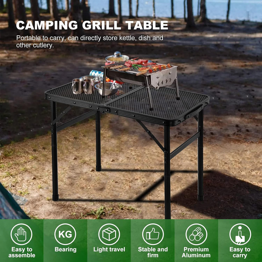Odoland 2FT Faltbarer Campingtisch, höhenverstellbarer Grilltisch mit Mesh Desktop, Outdoor-Picknick