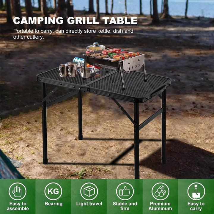 Odoland 2FT Faltbarer Campingtisch, höhenverstellbarer Grilltisch mit Mesh Desktop, Outdoor-Picknick