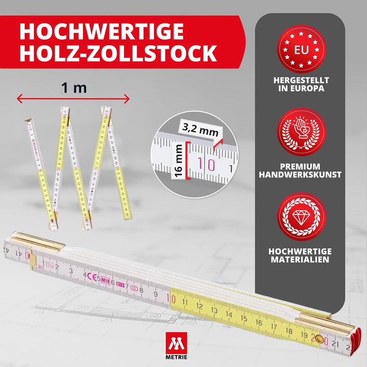 Metrie™ PERFEKT 5 Zollstock/Zollstöcke - Gliedermassstab | Massstab - Länge 1M - Weiss/Gelb - Duplex