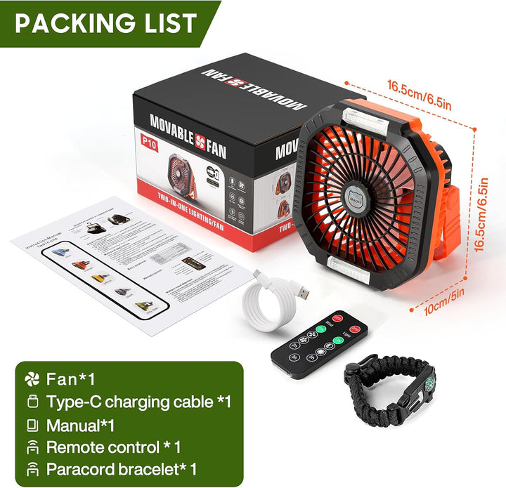 MIAOKE Camping Ventilator, 10400mAh Tischventilator,USB Ventilator Akku mit Licht,Haken,Paracord-Arm