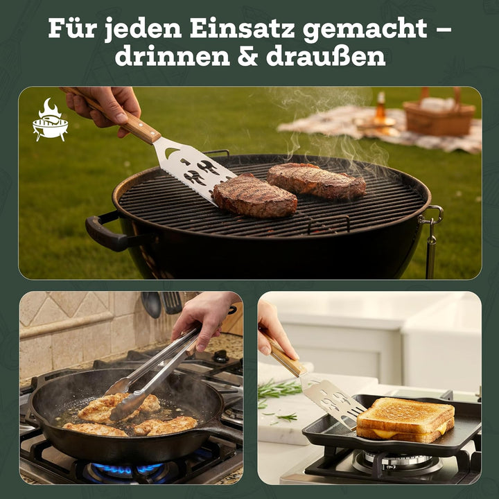 BBQ Hub Grillspachtel/Grillspatel Set 7-in-1 aus Edelstahl mit Holzgriff inkl. Grillzange – multifun