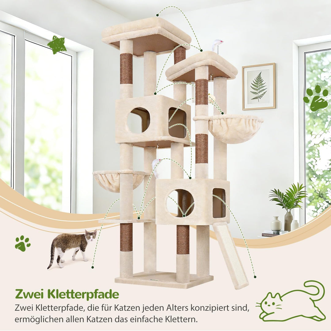 Globlazer Kratzbaum Stabil hoch 182 cm mit 2 Grosse Gepolsterte Plattformen, 2 Katzenhaus, 2 Korb, S