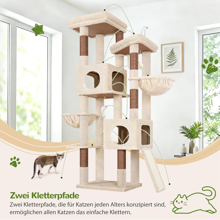 Globlazer Kratzbaum Stabil hoch 182 cm mit 2 Grosse Gepolsterte Plattformen, 2 Katzenhaus, 2 Korb, S