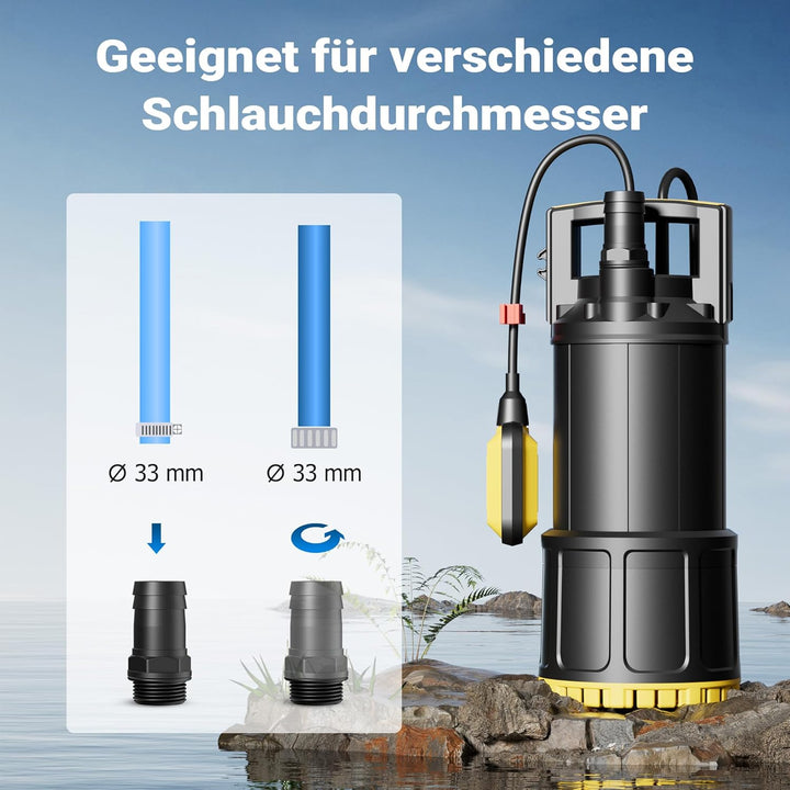 Wiltec Tauchpumpe mit Schwimmerschalter 1200 W, Tiefbrunnenpumpe bis 7 m Tiefe, Brunnenpumpe 40 m Fö