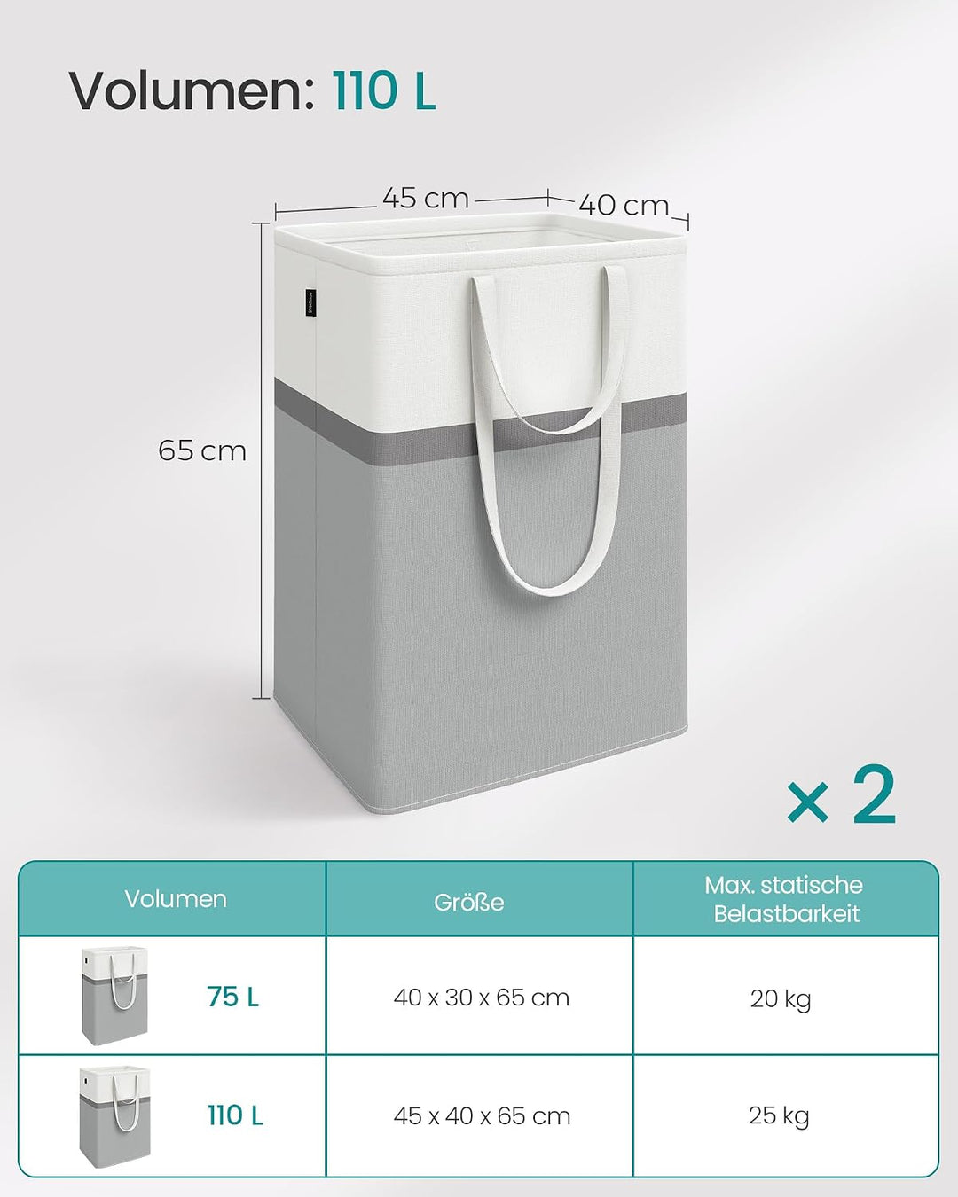 SONGMICS Wäschekorb 2er Set, 110 L Wäschesammler faltbar, mit kurzen und langen Griffen, leicht zu t