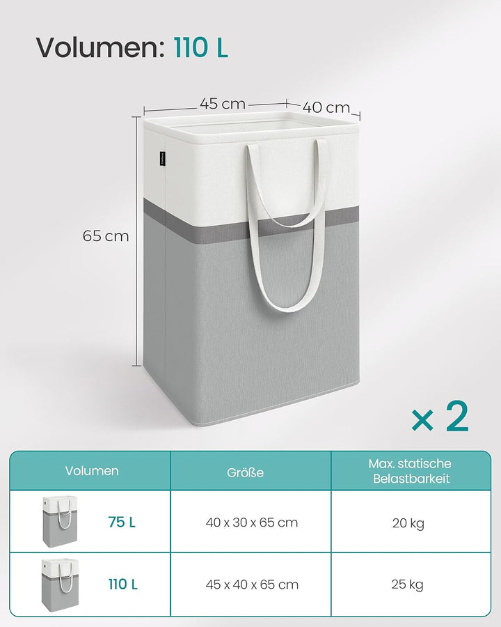 SONGMICS Wäschekorb 2er Set, 110 L Wäschesammler faltbar, mit kurzen und langen Griffen, leicht zu t