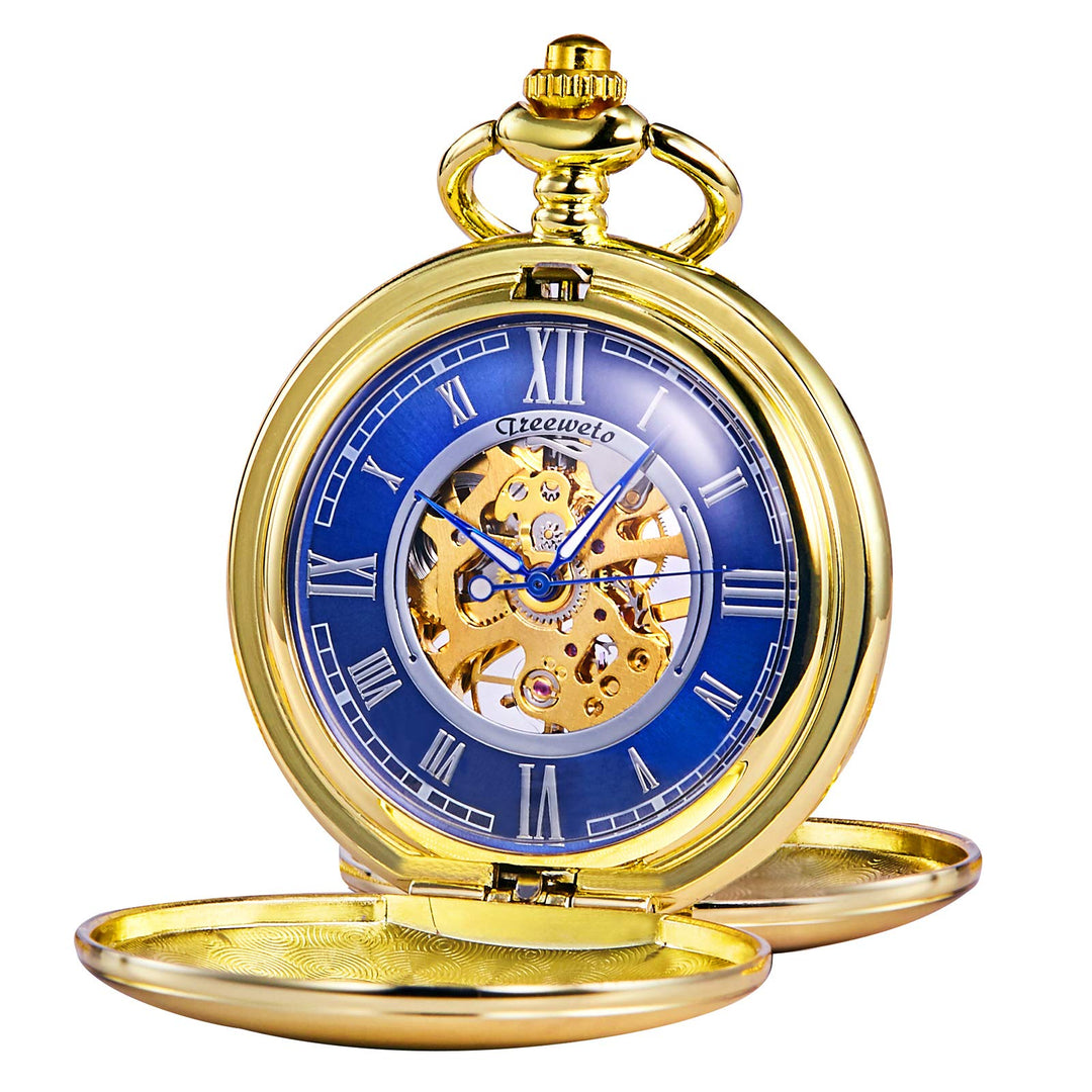 TREEWETO Unisex Taschenuhr mit Kette Analog Handaufzug glatt Doppelscharnier Römische Ziffern Gold B