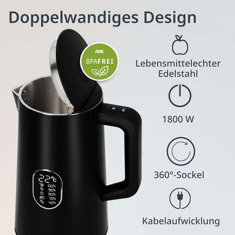 ADE Energiesparender Wasserkocher mit Temperatureinstellung 40-100°C | 1,5 l | Edelstahl | BPA-frei