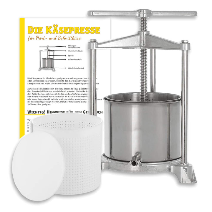 KAESE-SELBER.DE Käsepresse (Edelstahl/Alu) + 1200 g Käseform inkl. Pressdeckel -Qualitätsprodukt-