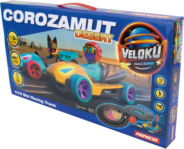 Ninco - Velokú Racers Desert Slotcar Bahn | Kompakte 2,60 m Strecke mit LED-Autos | Leuchtendes Renn