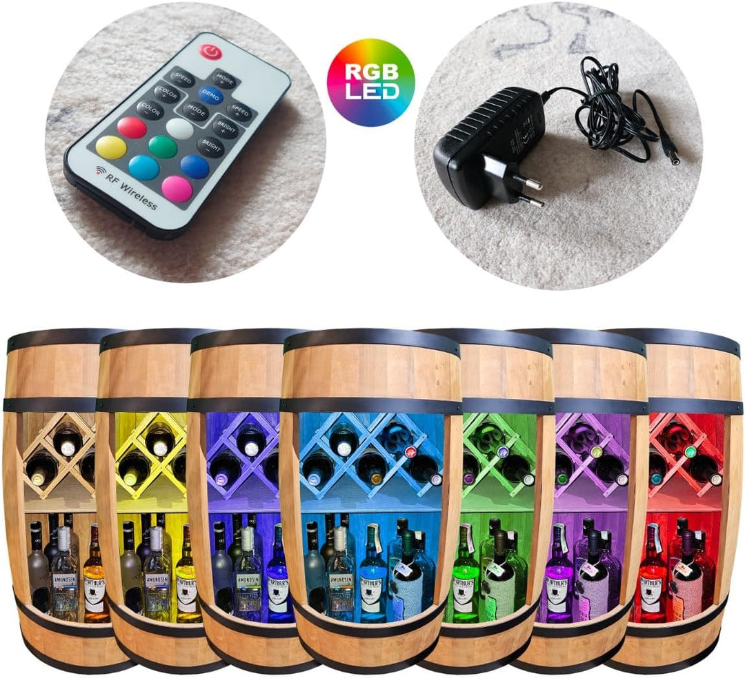 CREATIVE COOPER Fass bar LED RGB mit Weinhalter - Weinregal - Holzfass Hausbar 80x50cm - Rustikaler