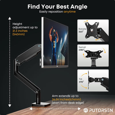 PUTORSEN Monitor Halterung 1 Monitor für 17-45 Zoll Flach Curved Bildschirm, Höhenverstellbar bildsc