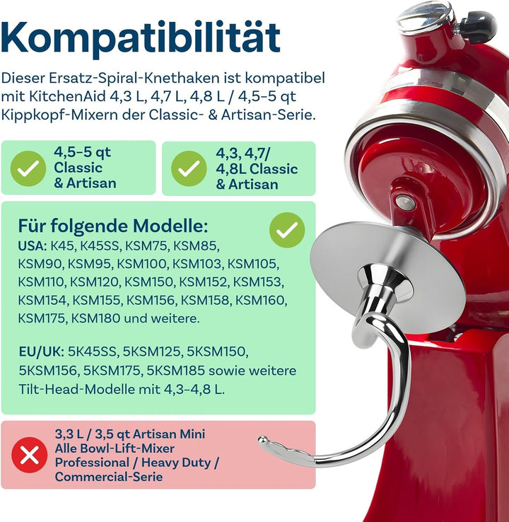 Edelstahl Spiral-Knethaken K45DH für KitchenAid 4.5-5 Quart Kippkopf-Standmixer Artisan & Classic Se